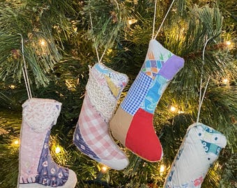 Vintage Quilted Stocking Ornaments, Cottage Chic Christmas Gift Topper (4.5" x 3")