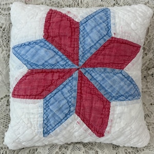 May include: A square quilted pillow featuring a central eight-pointed star design. The star is composed of alternating red and light blue checkered fabric segments. The background of the pillow is white with a textured, stitched quilted pattern.