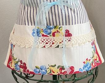 Upcycled Vintage Linen Apron Organizer, Floral Pocket Vendor Apron