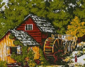 Vintage linen calendar 1984 sawmill water mill red gold green