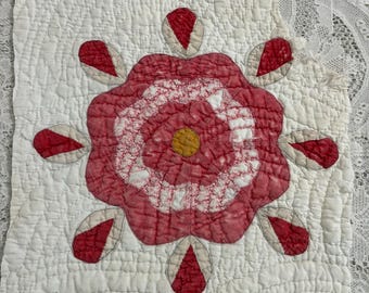 Vintage quilt piece faded red flower shabby chic craft supplies