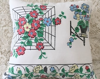 Upcycled Floral Tablecloth Pillow, Vintage Chenille Back, Cottage Chic