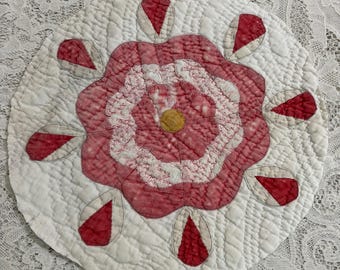Vintage quilt piece faded red flower shabby chic craft supplies