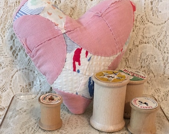 Vintage Quilt Heart Pillow, Cottage Chic Shabby Decor, Bowl Filler