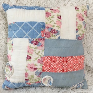 Vintage patchwork pillow, upcycled vintage quilt, cottage chic, porch pillow, shabby scrap flower, farmhouse deco, blue red floral 11x11