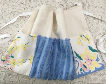 3 pocket utility apron organizer upcycled vintage tablecloth fabric and chenille vendor apron art & craft apron teacher apron