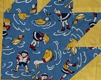 Vintage quilt block children’s square fabric sailor print boy girl red white blue gold