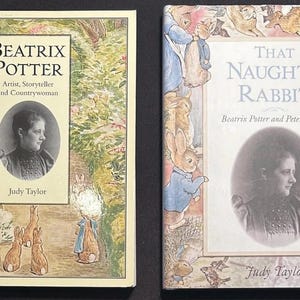 May include: Two vintage books featuring Beatrix Potter. The book on the left is titled "Beatrix Potter, Artist, Storyteller and Countrywoman" by Judy Taylor. The book on the right is titled "That Naughty Rabbit" by Beatrix Potter and Peter Rabbit, also by Judy Taylor.