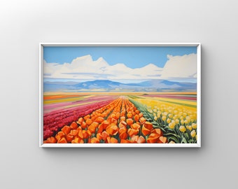 Vibrant Tulip Fields Painting in Gouache #1 | Bright and Colourful | Printable Wall Art | Odyssey Digital Prints Digital Download L012