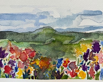 Original Watercolour Artwork Landscape Meadow Spring Flowers Handpainted handmade artwork A6 small