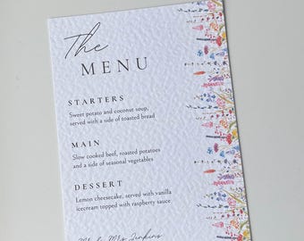 Floral Wedding Menu Card, Personalised Wildflower Breakfast Menu