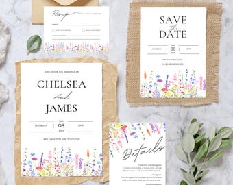 Wildflower Wedding Invitation Bundle, Save the Date, RSVP (Digital Download)