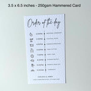 May include: A white card with black text and icons outlining the order of the day for a wedding. The card lists the time and event for each activity, including the wedding ceremony, cocktail hour, dinner and speeches, cake cutting, party time, evening buffet, sparkle send off, and carriages. The card also includes the names Chelsea & James and the date and location of the wedding: Coed y Mwstwr Hotel, 17th May 2025.