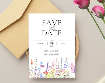 Wildflower Wedding Save the Date Template, Floral Design (Digital Template)