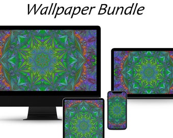 Peacock Tablet Phone Wallpaper Background Bundle, Peacock Mandala Kaleidoscope, Maximalist, Boho Aesthetic, Marbled Paper, Instant Download