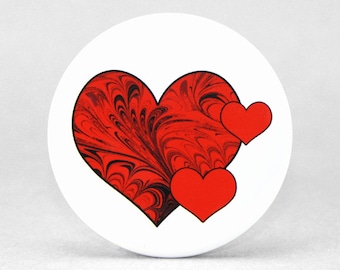 Red & Black Marbled Hearts Magnet or Pin, Marbled Paper Valentine, 2.25 inch Round Love Button Fashion Accessory, Gift Under 5, Party Favor