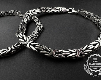 Bracciale a catena in argento, argento massiccio sterling 925, catena bizantina, regalo per uomo, argento ossidato, catena Square King, catena di alta qualità