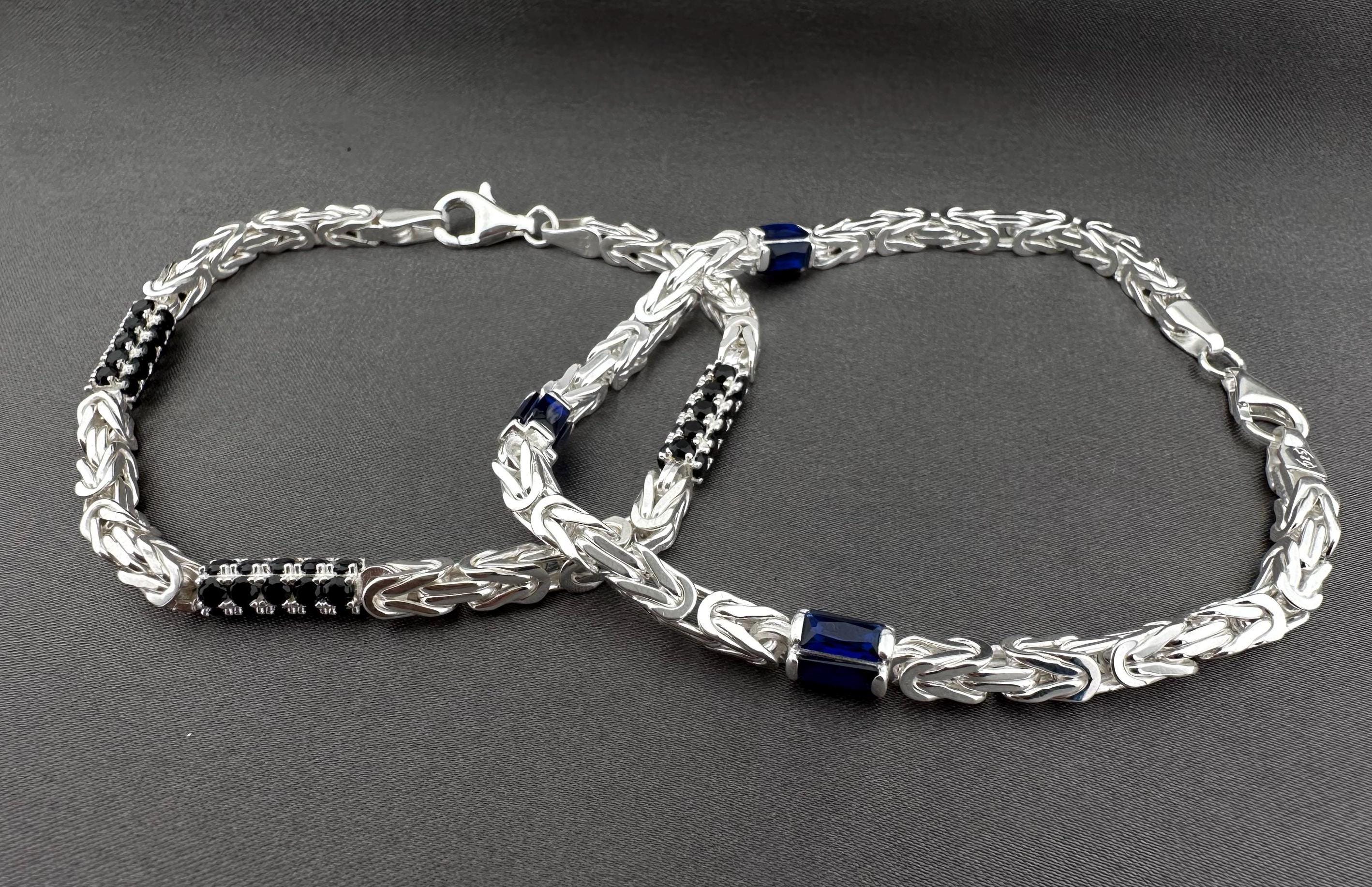 925 Sterling silver bracelet, Byzantine chain, Silver jewelry, Silver square king bracelet, Blue stone king bracelet, Gift for man, Brac-2