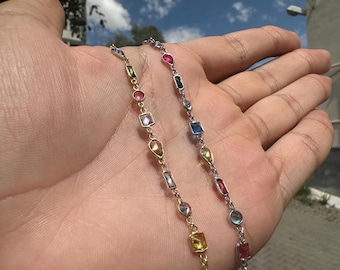 Bracciale in zirconia, bracciale fatto a mano in argento sterling 925, regalo per donna, gioielli con pietre colorate, bracciale minimalista, delicata catena regalo