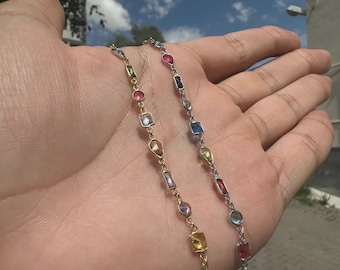 Argento sterling 925, Bracciale con pietre preziose, Gioielli con pietre colorate, Collana baguette multicolore, Bracciale minimalista, Regalo per collana da donna