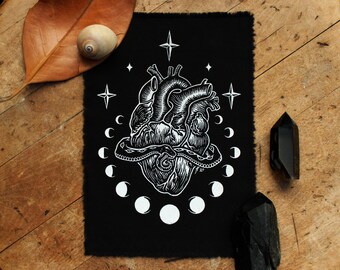 Lunar Ouroboros Anatomical Heart - 5x7" handprinted sew-on patch