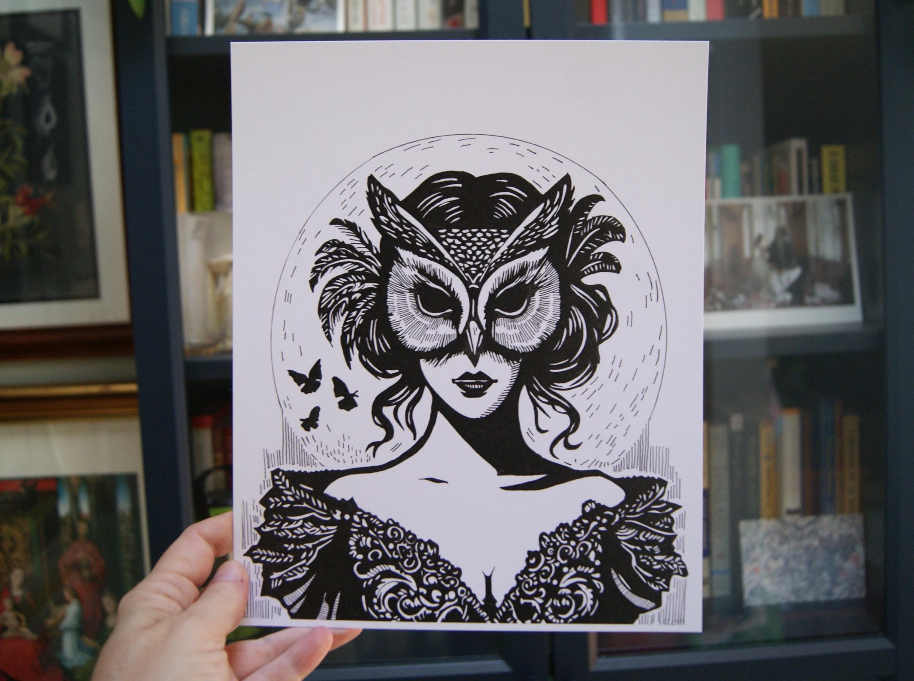 Owl mask girl illustration art print