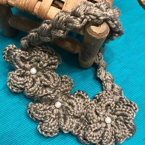 Stunning New Handmade Crochet Floral Necklace  in Warm Mink Brown  Embellished with Three Faux Pearls