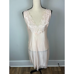 Vtg 50s Stretta Nylon Nightgown Babydoll Midi Light Pink Lace Slip Dress S/M