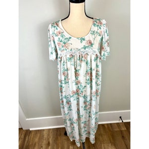 Vtg Barbizon Long Nightgown Short Sleeve Floral Ruffle Lace Cotton Blend M
