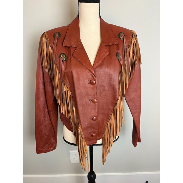 Vtg Leather City Leather Jacket Women's M Brown Western Tassle Fringe Conchos