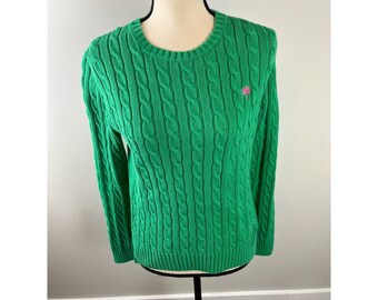 Lilly Pulitzer Sweater Womens Medium Green Chunky Cable Knit Golf Pullover