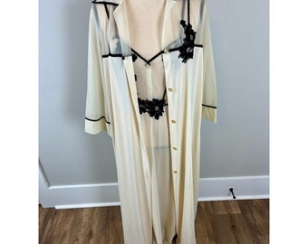Vtg Vassarette anni '80 due pezzi camicia da notte da donna vestaglia set pizzo trasparente Coquette S