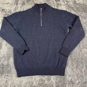 Vtg Scott & Charters 100% lã de cordeiro 1/4 zíper suéter masculino L bolinhas azul marinho
