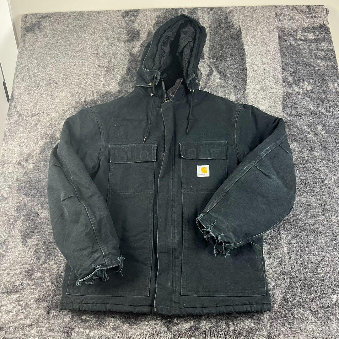 Vtg Carhartt Canvas Removable Hood Navy Blue Full Zip Jacket Quilt