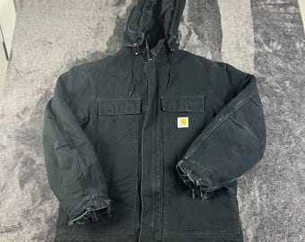 Vtg Carhartt Canvas Removable Hood Navy Blue Full Zip Jacket Quilt Lined XL/XXL