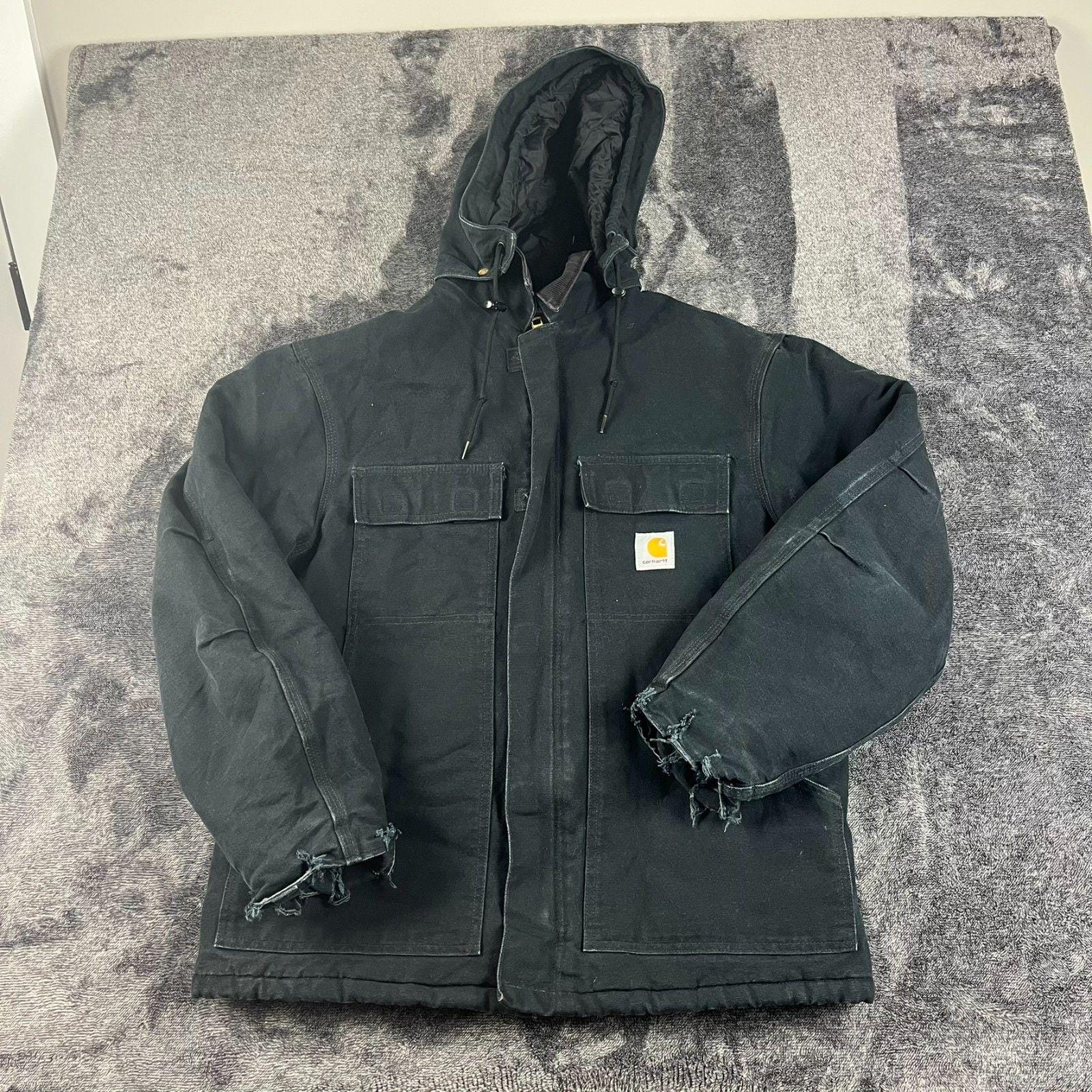 Vtg Carhartt Canvas Removable Hood Navy Blue Full Zip Jacket