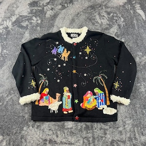 Vintage Berek Christmas Nativity Cardigan Beaded Embellished Sweater Holiday L
