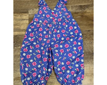 Vintage OshKosh Baby B'Gosh Girls Bubble Romper Overalls Bees Floral Purple 12M