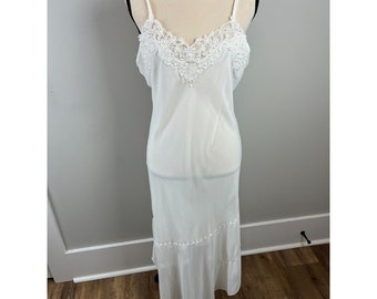 Vintage Linea Donatella 90s Nightgown Slip Dress Femme M Blanc Dentelle Perlée