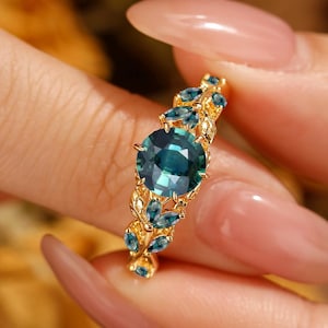 Round Cut Teal Sapphire Engagement Ring, Solid Yellow Gold Unique Leaf Designed Ring, Blue Green Sapphire Ring, Anniversary Gifts for Her