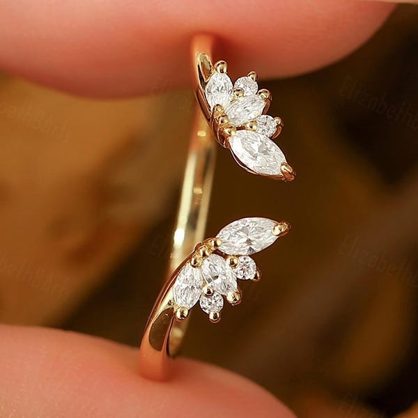 Alianza de boda abierta de oro amarillo, anillo de boda de oro macizo con abertura, anillo apilable para mujer, anillo nupcial de moissanita, anillo apilable de talla marquesa