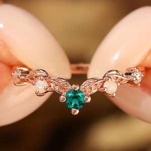 Opal & Emerald Wedding Band, Moissanite Silver Curved Stacking Band, Dainty Opal Ring, Stacking Matching Band, Promise Anniversary Gift