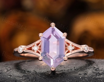 Elongated Hexagon Cut Lavender Amethyst Ring, Light Purple Gemstone Engagement Ring, Vintage 6 Prong Rose Gold Moissanite Ring, Wedding Ring