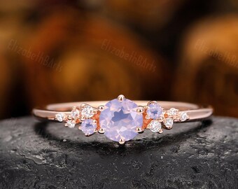Natural Lavender Amethyst Ring, Unique Cluster Engagement Ring, Moissanite Ring For Women, 6 Prong Wedding Bridal Ring, Birthday Gifts
