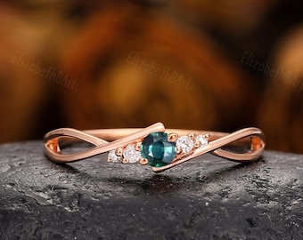 Vintage Teal Sapphire Engagement Ring, Unique Round Cut Solid Gold Ring, Blue Green Sapphire Ring,  Diamond Wedding Promise Ring For Wife