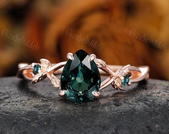 Pear Teal Sapphire Engagement ring, Blue Green Sapphire Ring For Her, Leaf Style Bridal Wedding Ring, Twisted Band Anniversary Ring Gift