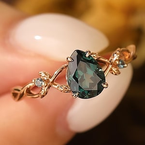 Pear Teal Sapphire Engagement ring, Blue Green Sapphire Ring For Her, Leaf Style Bridal Wedding Ring, Twisted Band Anniversary Ring Gift
