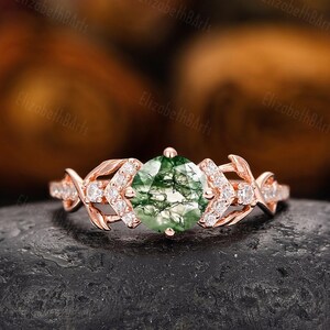 Antique Moss Agate Engagement Ring, Art Deco Silver Leaf Promise Ring, Nature Inspired Solid Gold Cluster Ring, Unique Anniversary Gifts