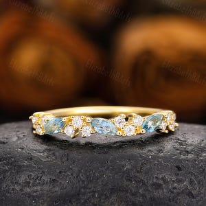 London Blue Topaz Diamond Wedding Ring, Yellow Gold Wedding Band Half Eternity Marquise Topaz Matching Band, Unique Anniversary Gifts