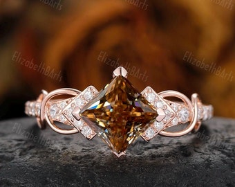 Brown Moissanite Ring, Princess Cut Moissanite Ring Champagne Moissanite Engagement Ring, 4 Prong Wedding Bridal Ring, Art Deco Ring Gifts